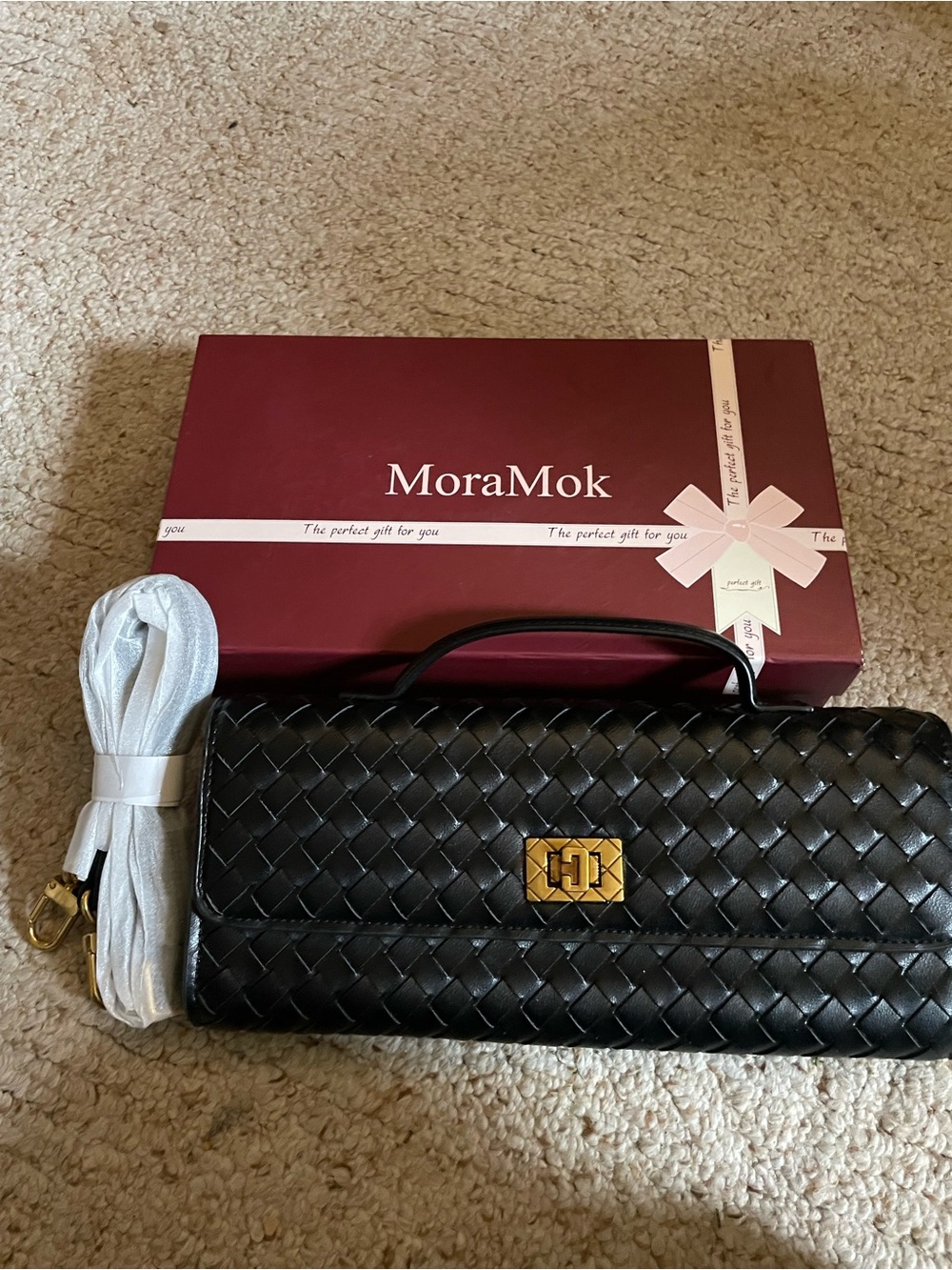 Black Woven Leather Clutch with Gold Turn-Lock